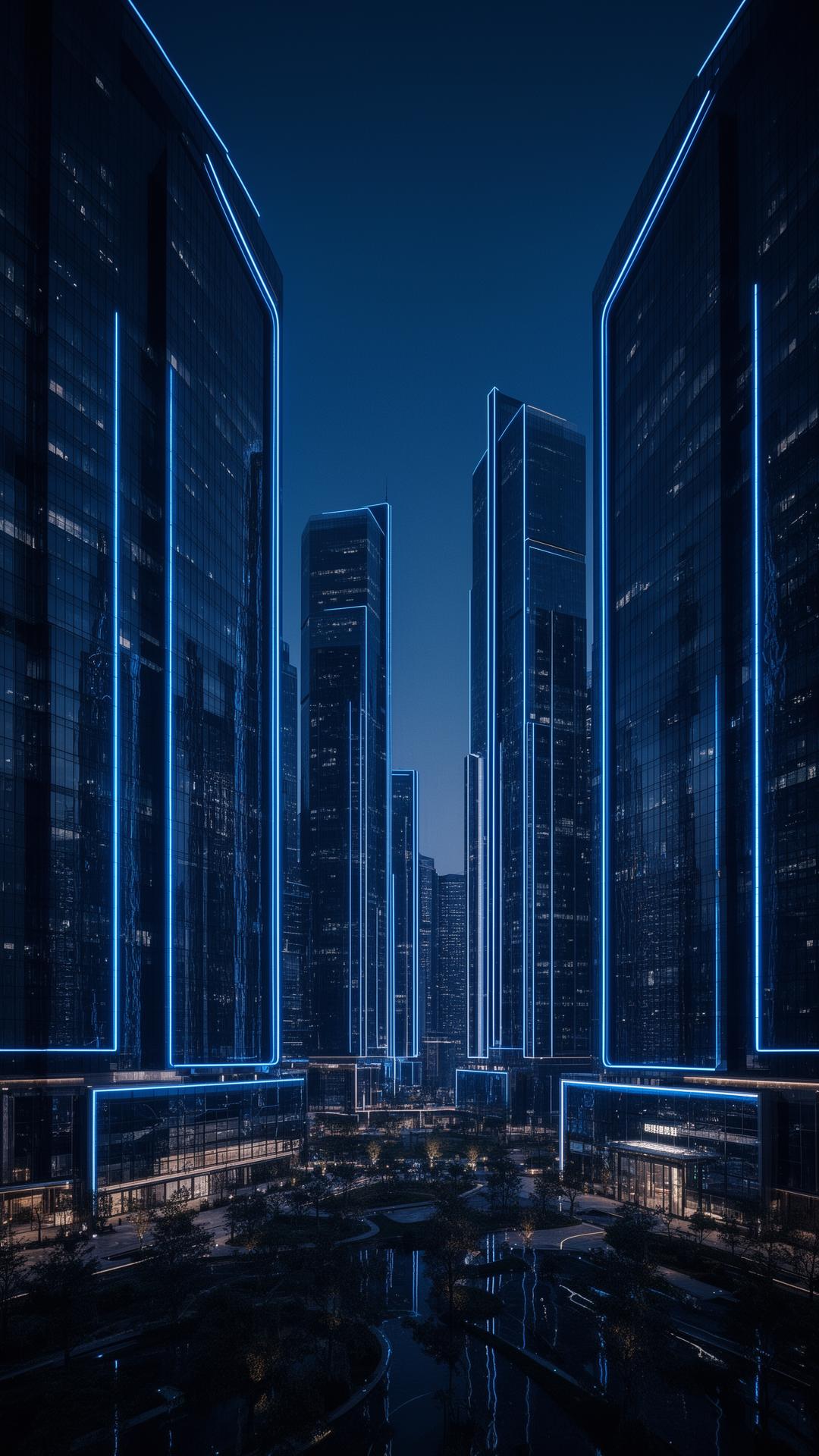 Modern luxury skyline at blue hour